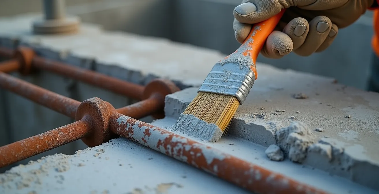 Application d'un passivant anticorrosion au pinceau sur des armatures de béton dégagées