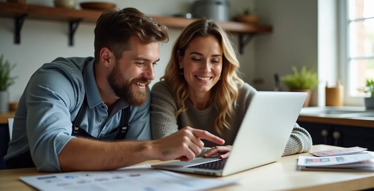 Artisan et client devant un ordinateur portable simulant les aides à la rénovation