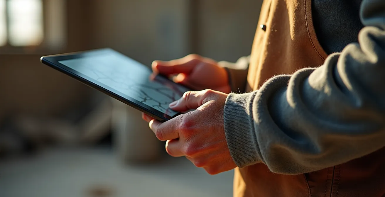 Mains d'artisan manipulant une tablette sur un chantier de construction