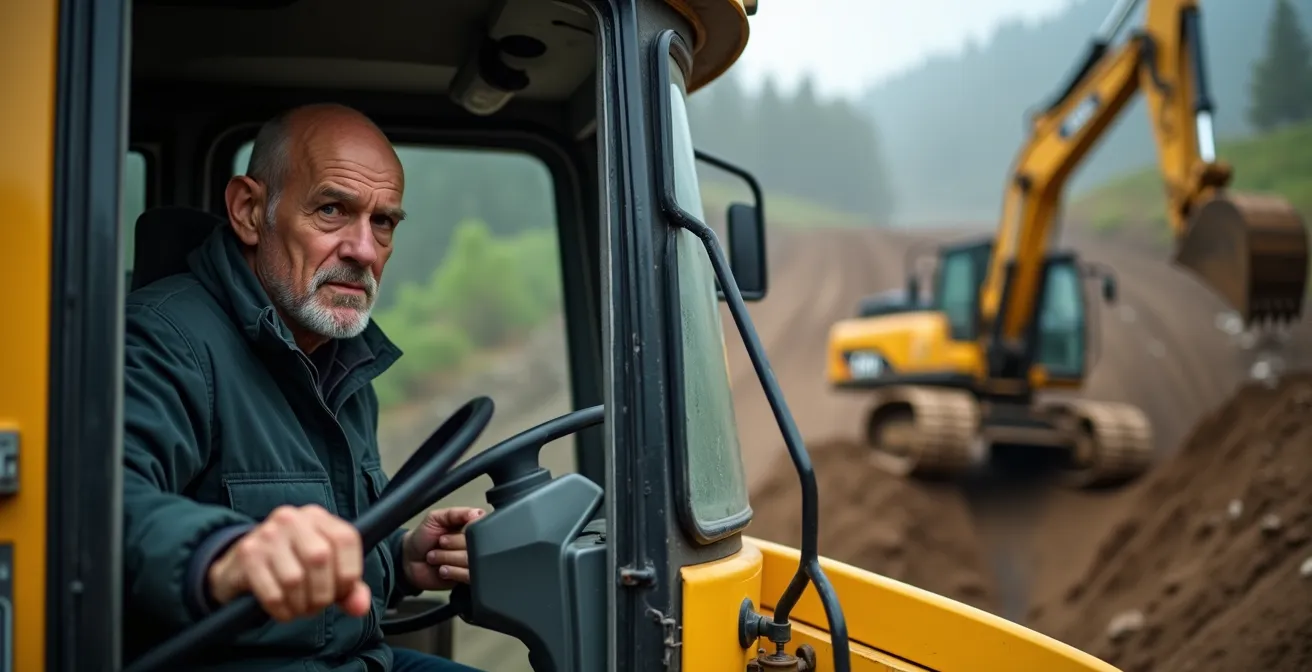 Bulldozer travaillant en dévers sur terrain incliné