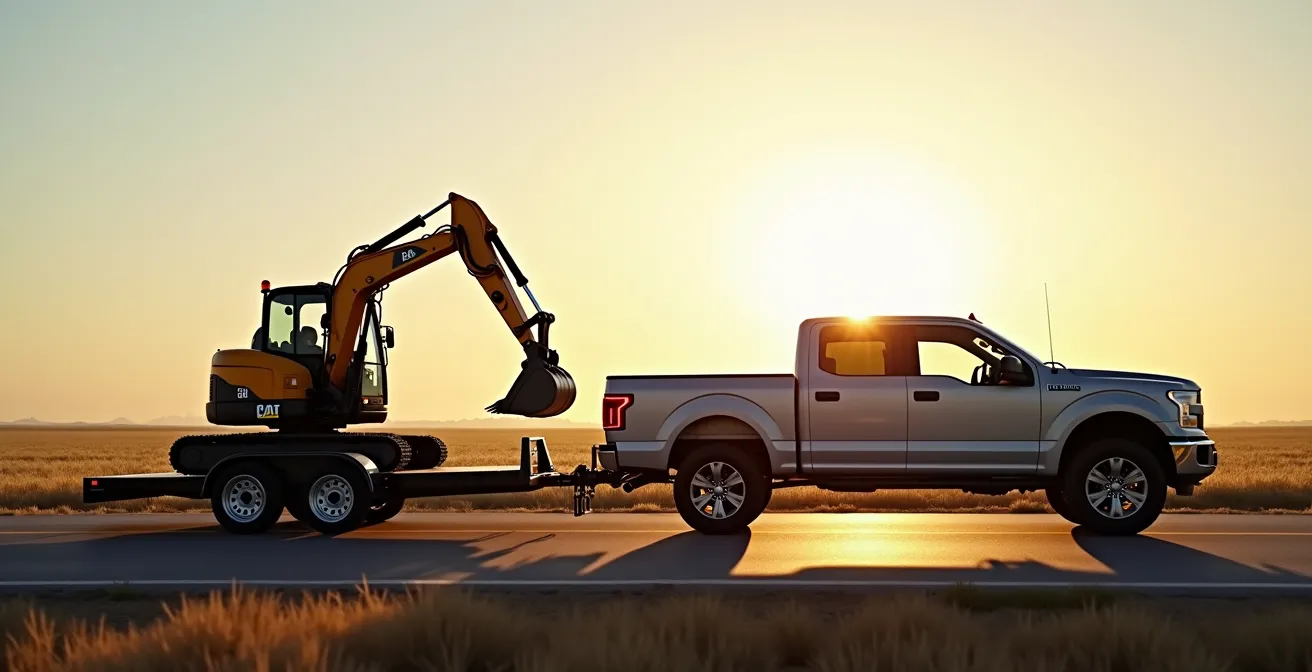 Vue latérale d'un ensemble véhicule tracteur et remorque avec minipelle montrant la répartition des poids