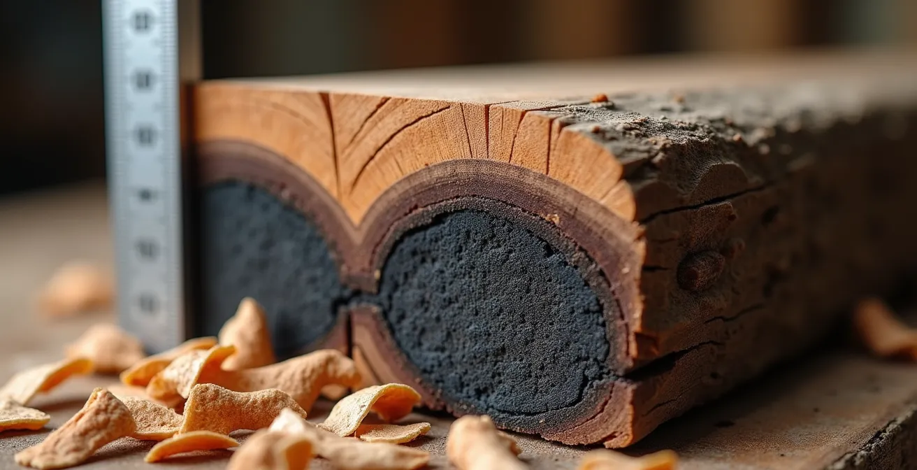 Section de poutre en bois montrant les couches de carbonisation et la zone résiduelle portante