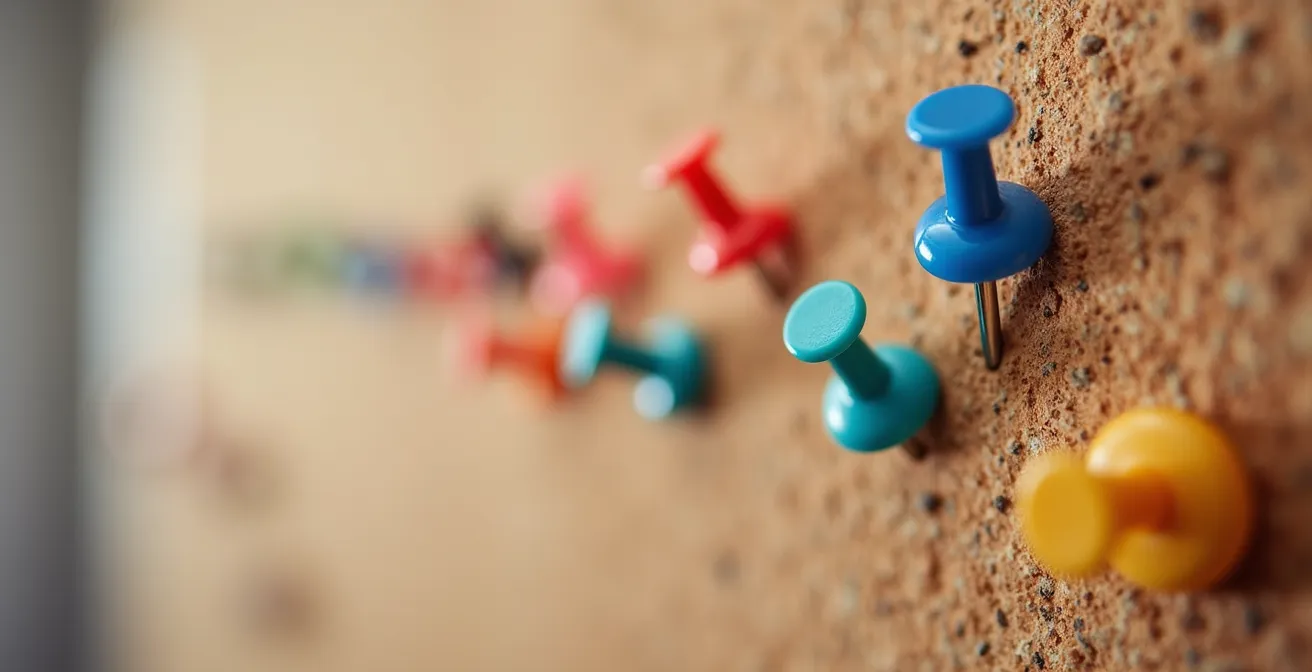 Calendrier mural avec épingles colorées marquant les dates de formations et recyclages