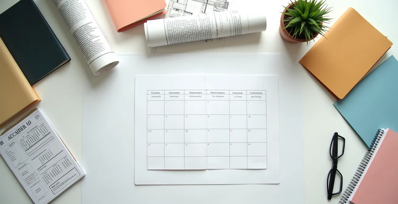 Planning de renouvellement RGE avec calendrier et documents sur un bureau organisé