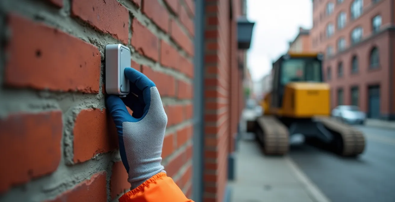 Capteur de vibration fixé sur une façade d'immeuble avec engin de chantier en arrière-plan