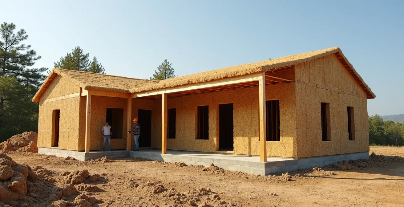 Chantier de construction utilisant des matériaux biosourcés comme la paille et le chanvre