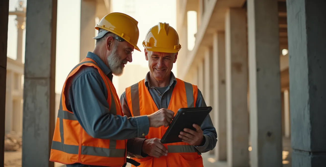 Chef de chantier senior apprenant l'usage d'une tablette avec un jeune collaborateur sur site, illustrant le compagnonnage numérique.
