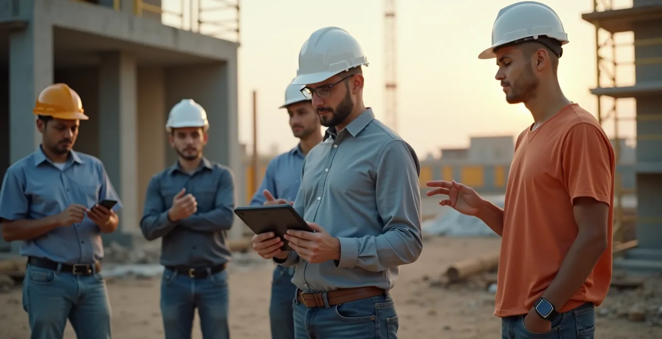 Chef de chantier utilisant la dictée vocale sur tablette entouré de son équipe sur le terrain