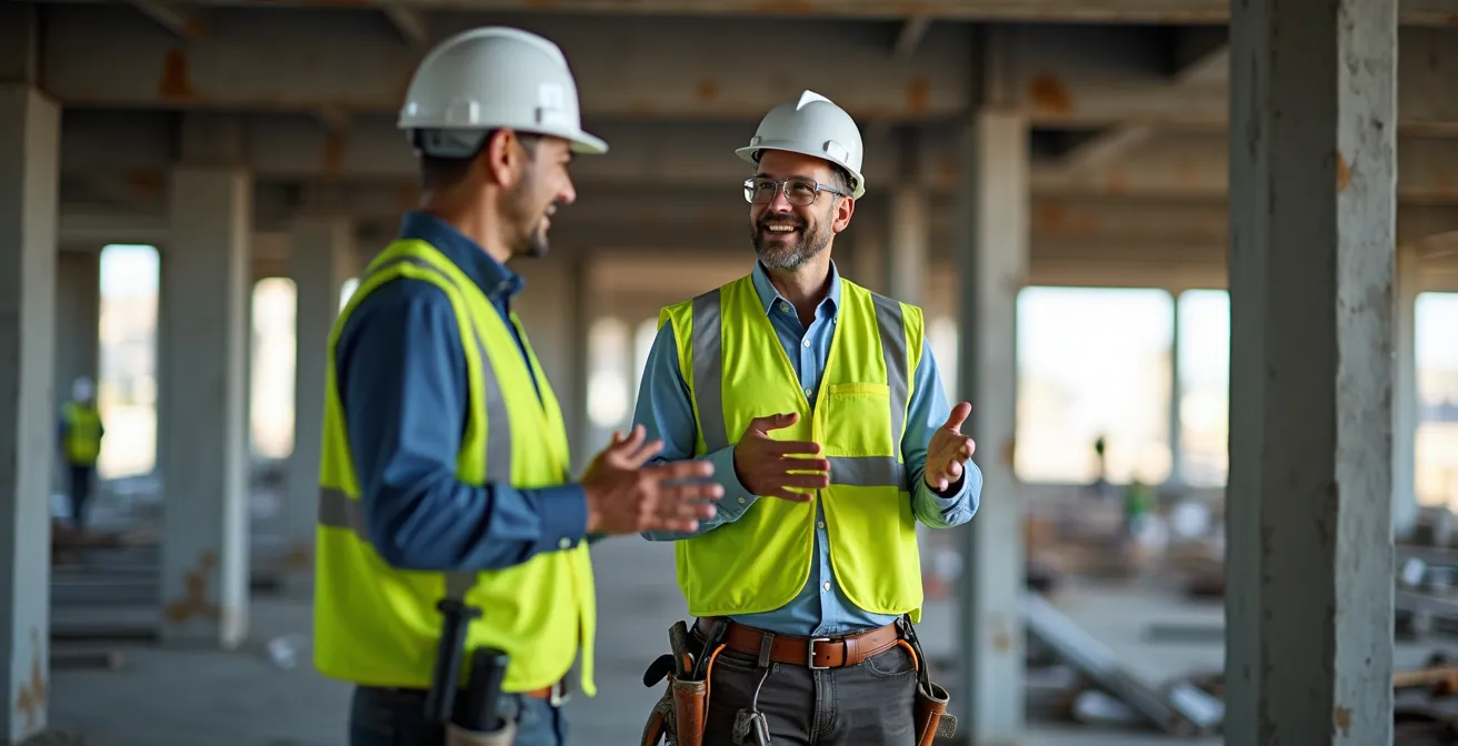 Chef d'équipe supervisant un chantier de construction avec plans à la main