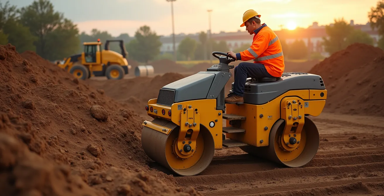 Vue en coupe d'un remblai montrant les différentes couches compactées avec un rouleau vibrant en action
