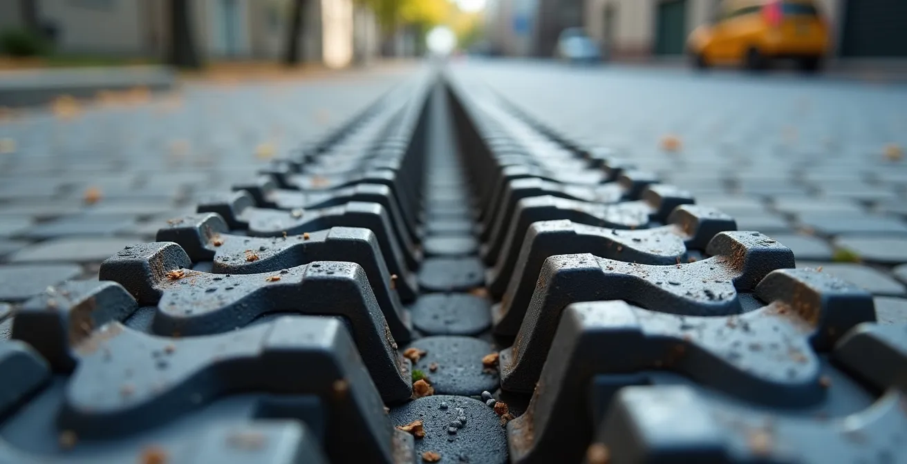 Comparaison visuelle entre chenilles caoutchouc et acier sur surface pavée urbaine