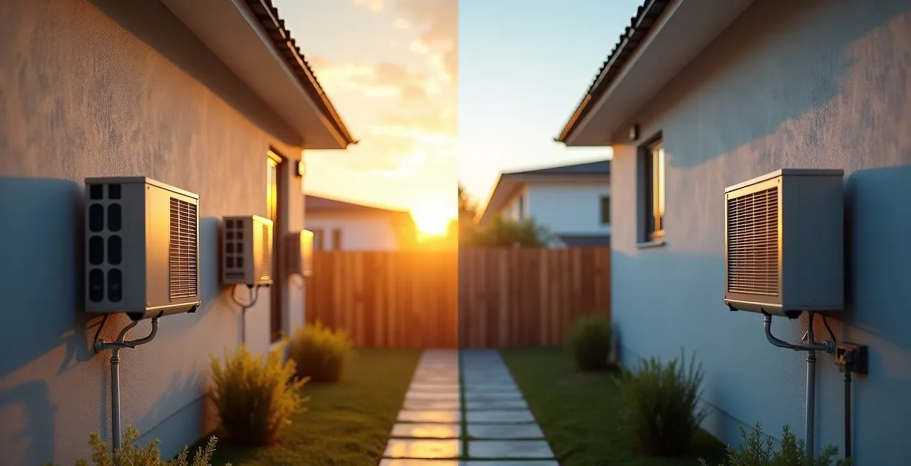 Vue comparative de deux installations de pompes à chaleur dans des jardins résidentiels