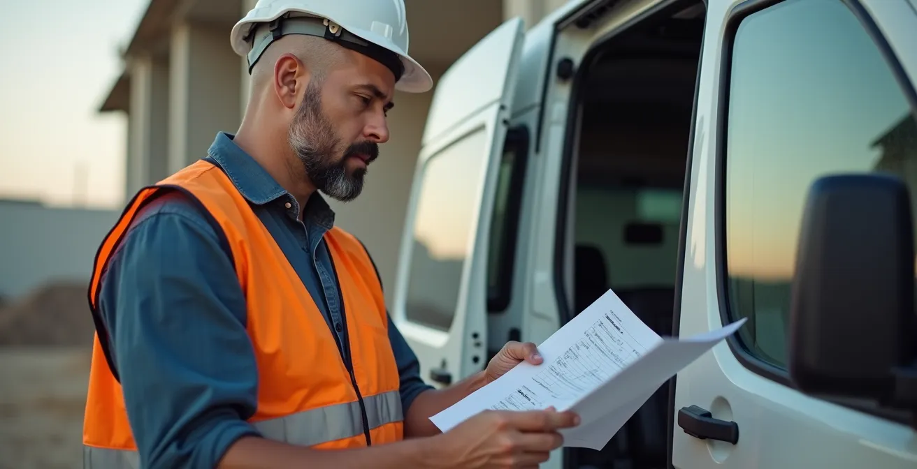 Artisan analysant des documents financiers devant son véhicule utilitaire sur un chantier