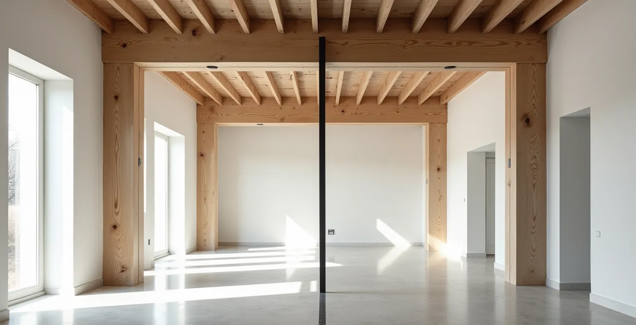 Coupe technique montrant la différence entre renfort carbone et IPN sur poutre bois