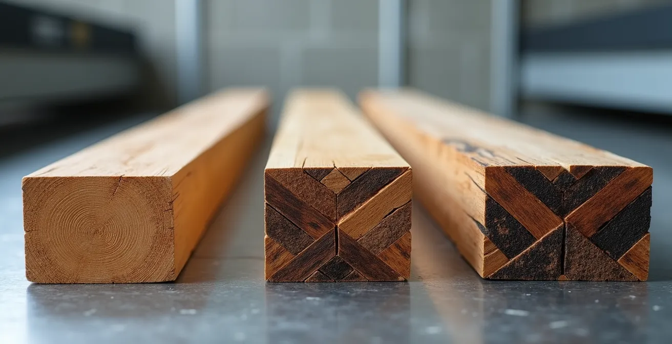 Trois sections de poutres côte à côte montrant les différentes structures du bois massif, lamellé-collé et CLT