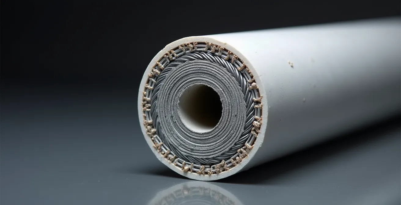 Coupe transversale d'une gaine de précontrainte montrant le coulis d'injection protégeant les câbles