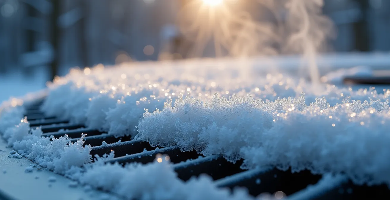 Unité extérieure de pompe à chaleur couverte de givre en phase de dégivrage hivernal