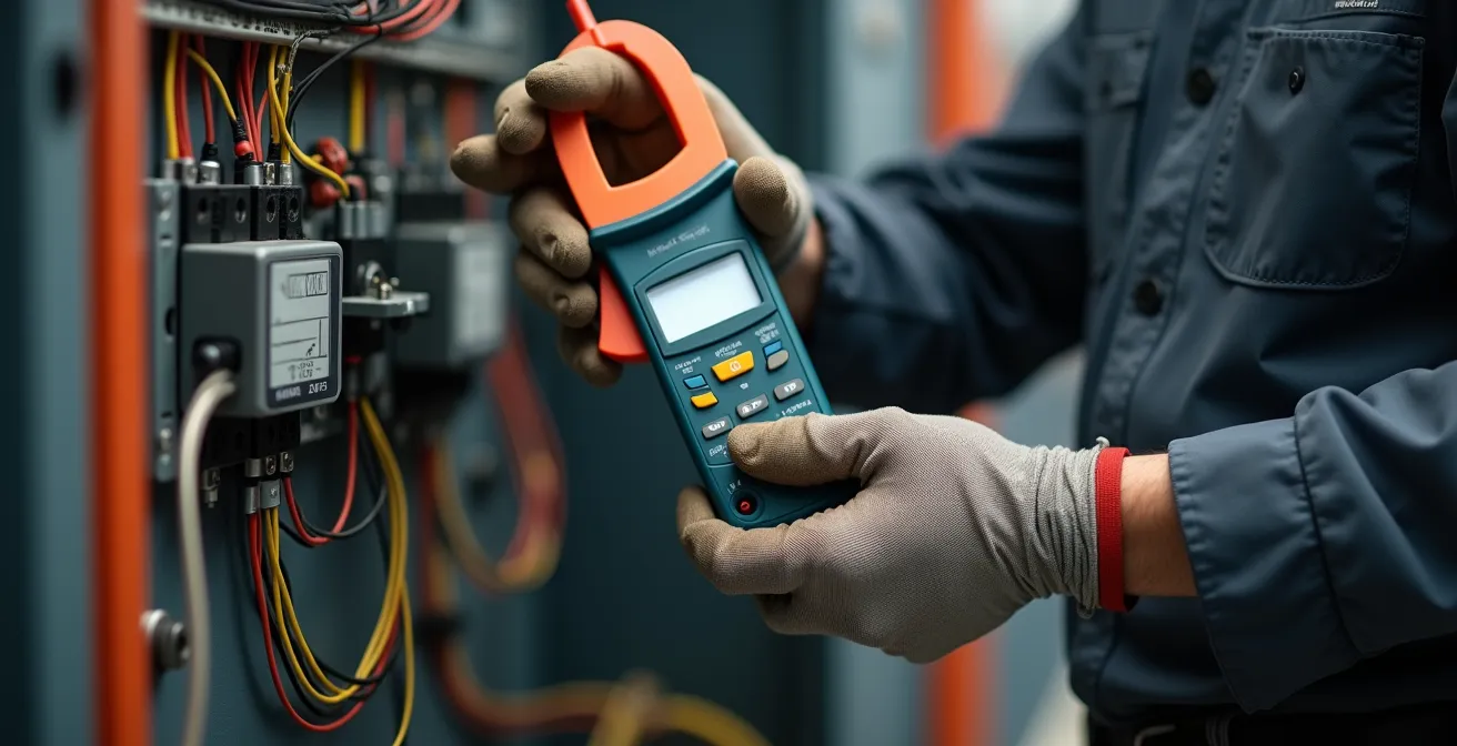 Électricien utilisant une pince ampèremétrique pour mesurer les courants sur un tableau électrique