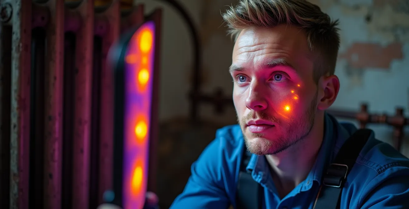 Technicien mesurant la température d'un radiateur avec caméra thermique dans une maison ancienne