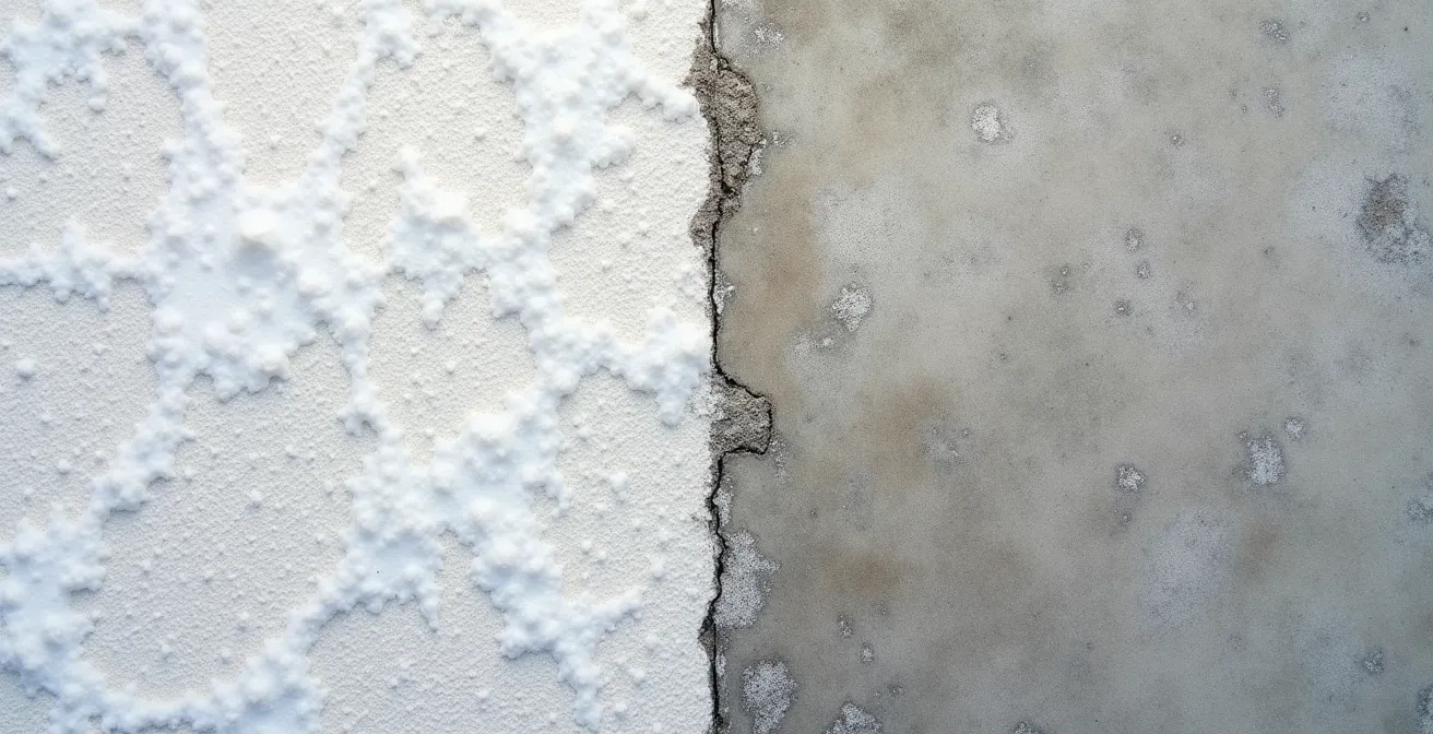Comparaison visuelle entre efflorescences calcaires et nuançage de lissage sur béton
