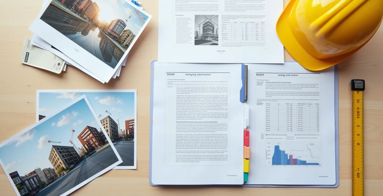 Vue de dessus d'un bureau avec dossiers organisés et photos de chantiers disposées méthodiquement