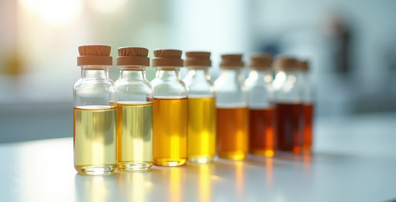 Échantillons d'huile hydraulique montrant différents états de dégradation du clair au foncé