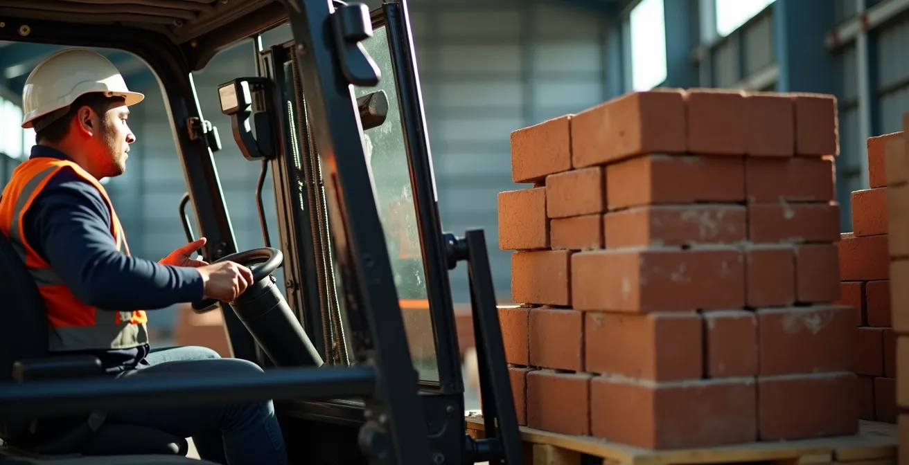 Chariot élévateur avec palette de briques en position d'équilibre pour levage en hauteur