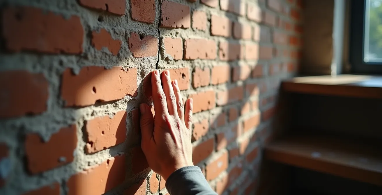 Mur de façade avec fissure caractéristique en escalier suivant les joints de maçonnerie