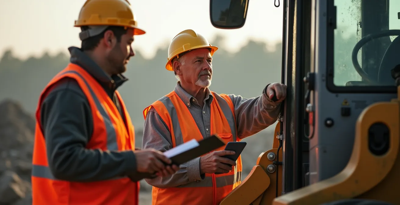 Formateur interne évaluant un conducteur d'engin sur chargeuse pelleteuse en situation réelle de chantier