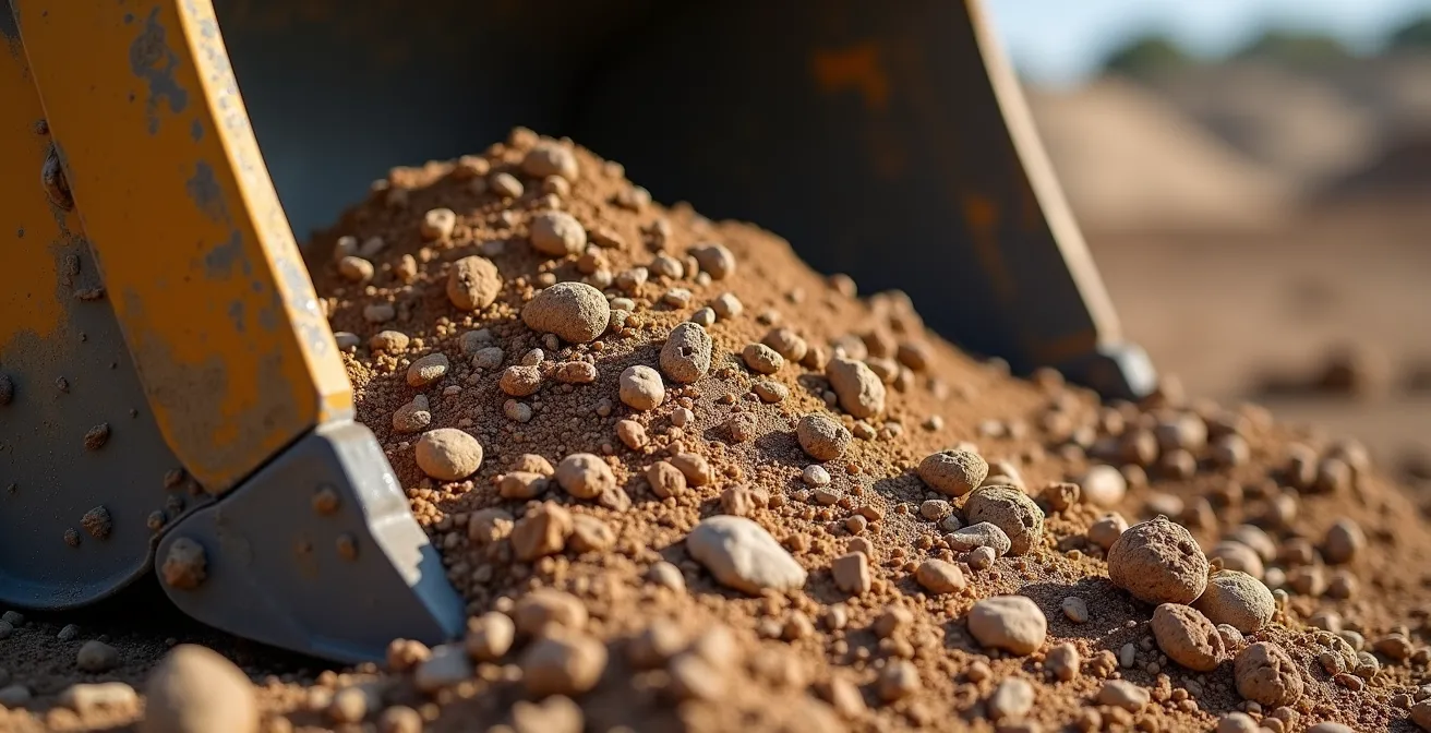 Gros plan sur un godet de pelle hydraulique chargé de manière optimale montrant différentes densités de matériaux