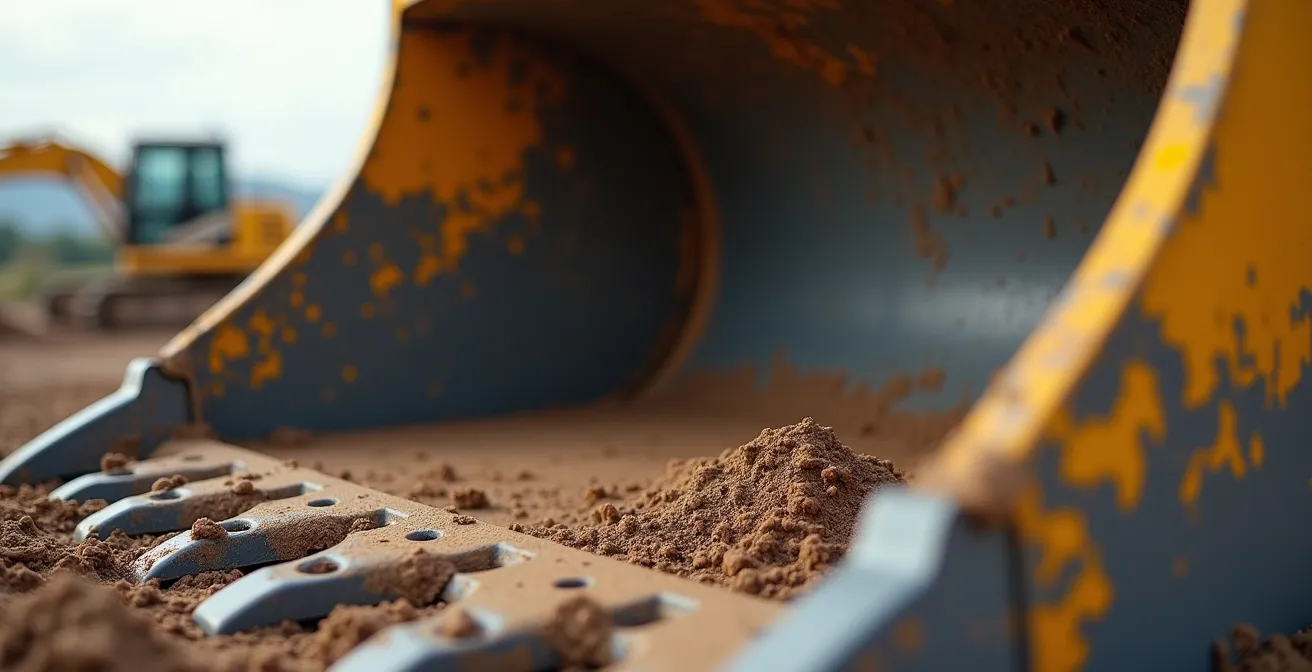 Gros plan sur un godet de pelle mécanique spécialisé pour argile avec revêtement anti-adhésion et angles de dépouille optimisés