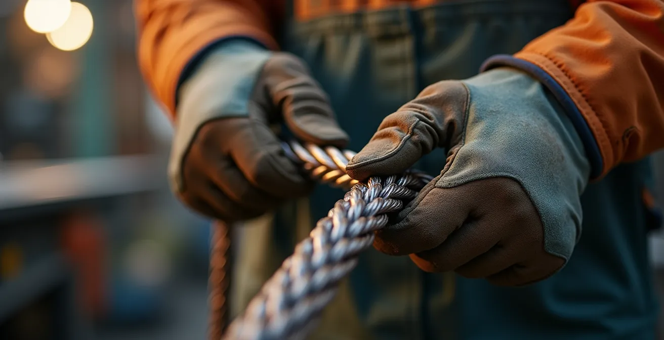 Gros plan sur l'inspection détaillée d'une élingue câble montrant les points de contrôle critiques
