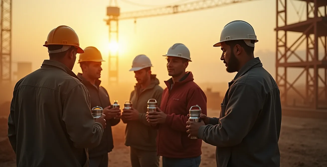 Groupe de travailleurs du BTP partageant un moment convivial autour d'un thermos sur un chantier