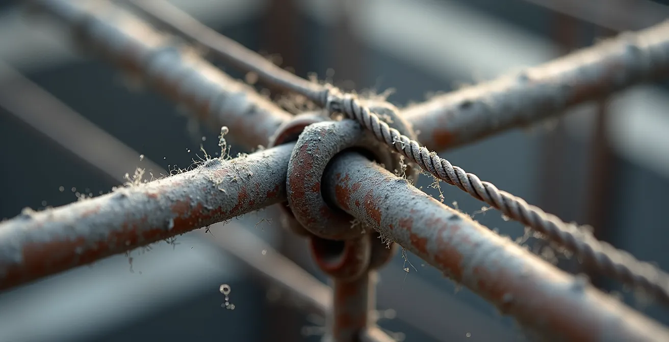 Gros plan macro sur des armatures métalliques ligaturées dans un coffrage de fondation