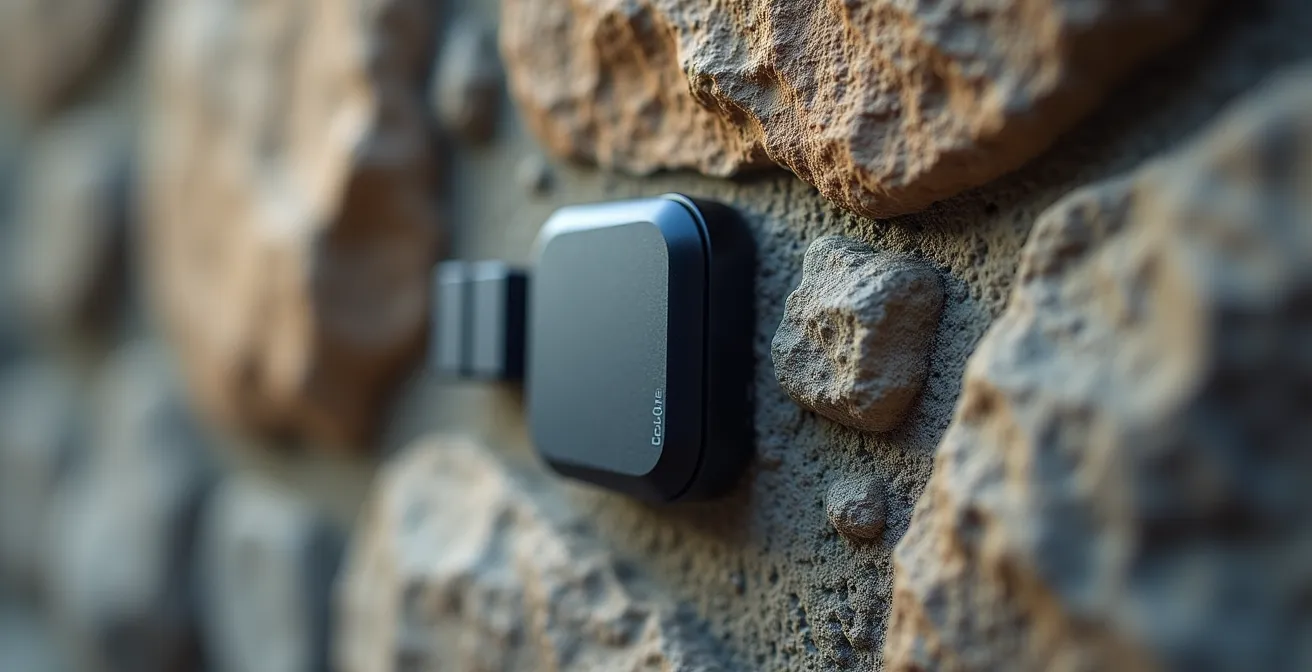 Vue macro d'un module ZigBee avec antenne externe installé sur un mur en pierre