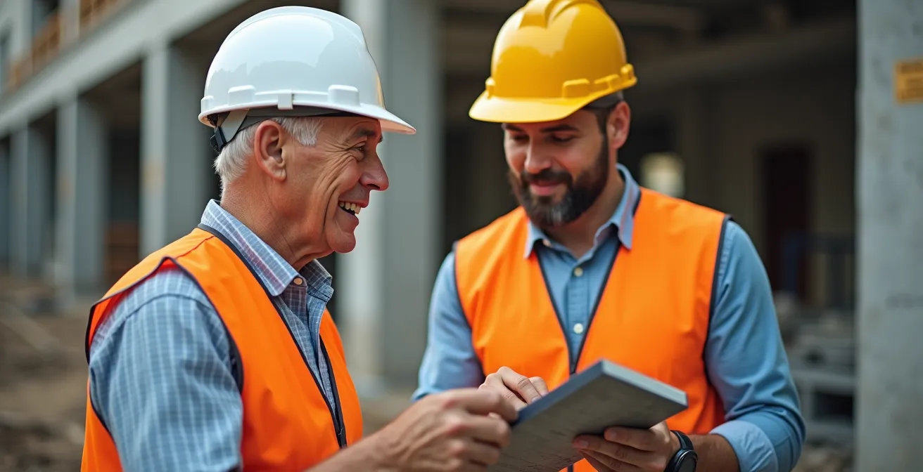 Deux professionnels du BTP échangeant sur un chantier, l'un senior avec casque blanc, l'autre plus jeune avec casque jaune