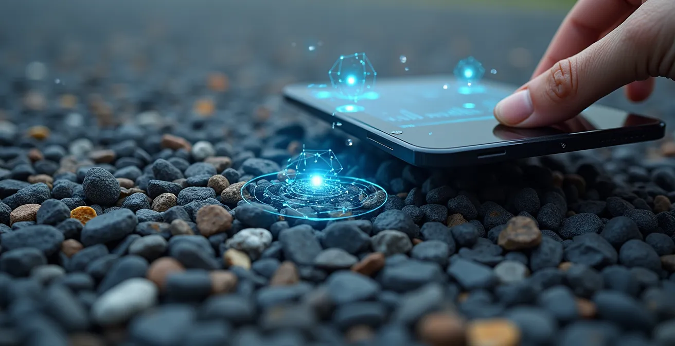 Gros plan sur un échantillon d'enrobé recyclé avec visualisation de sa composition et traçabilité numérique