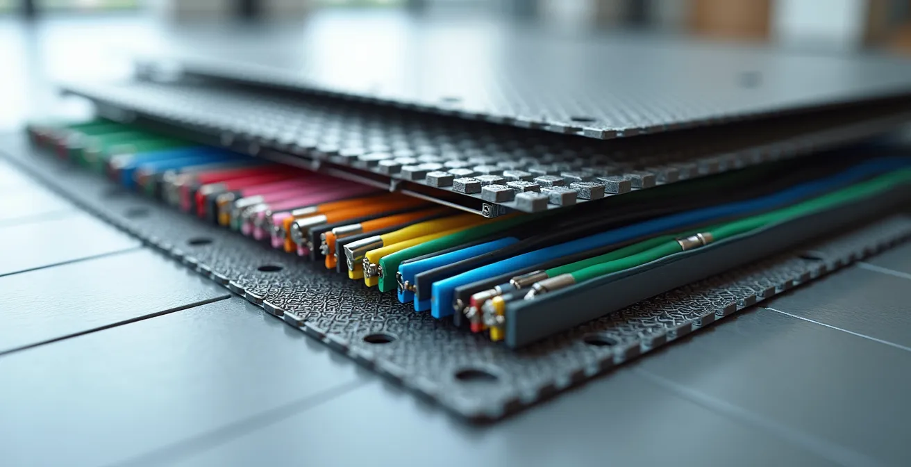 Vue en coupe d'un plancher technique de garage avec câbles et réseaux intégrés sous dalles amovibles