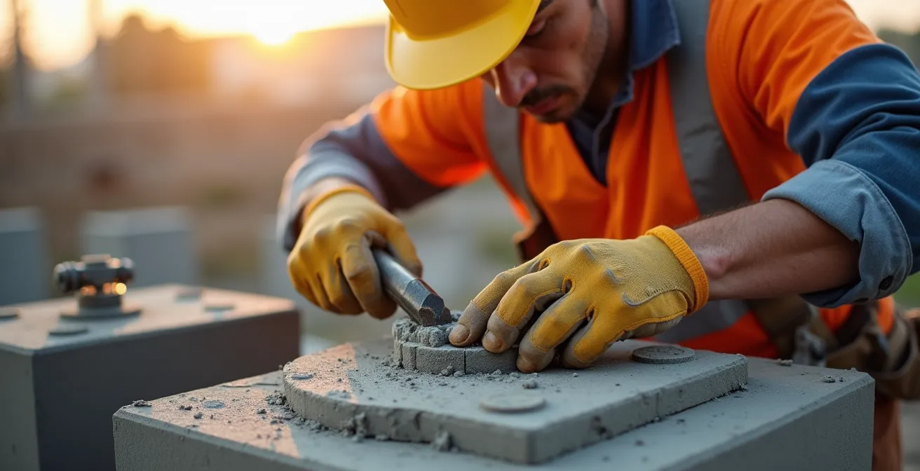 Ouvrier effectuant le recépage précis d'une tête de pieu en béton frais avec outillage spécialisé