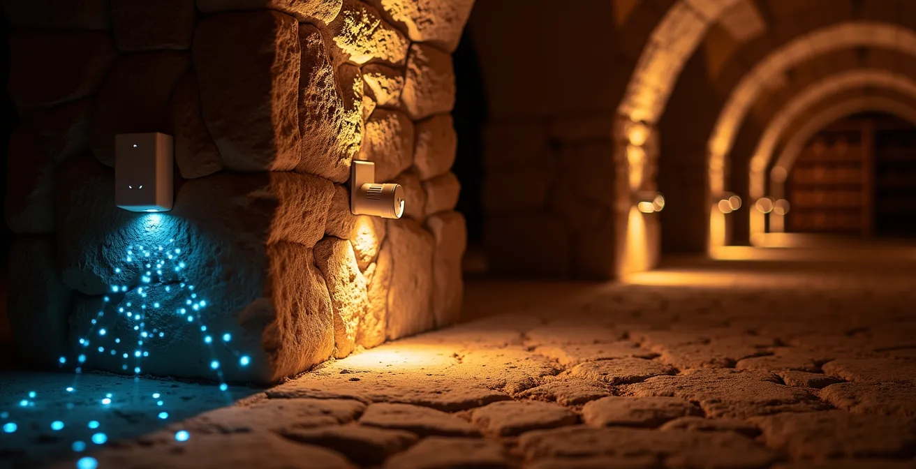 Installation de répéteurs ZigBee dans une cave avec murs en pierre pour connecter une chaudière fioul