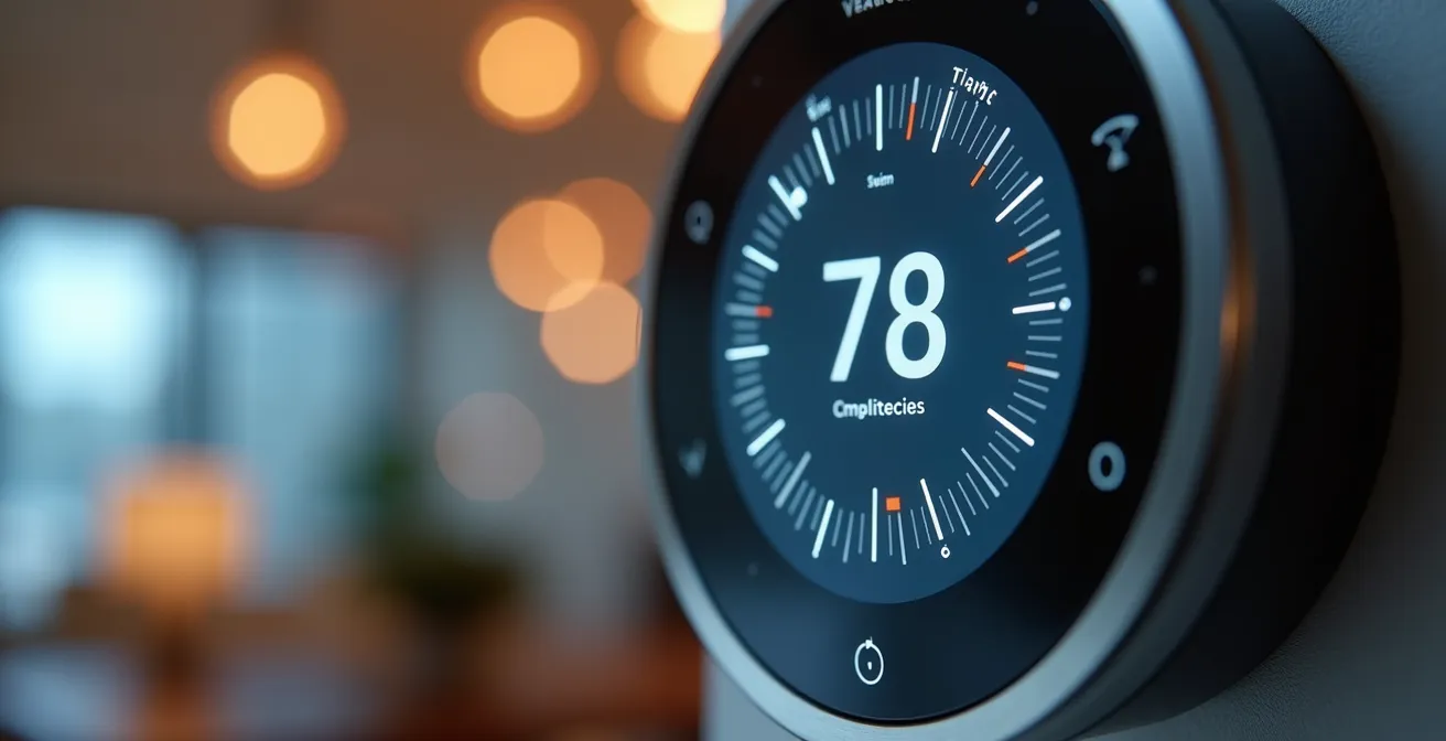 Vue macro d'un thermostat programmable montrant les réglages du mode vacances