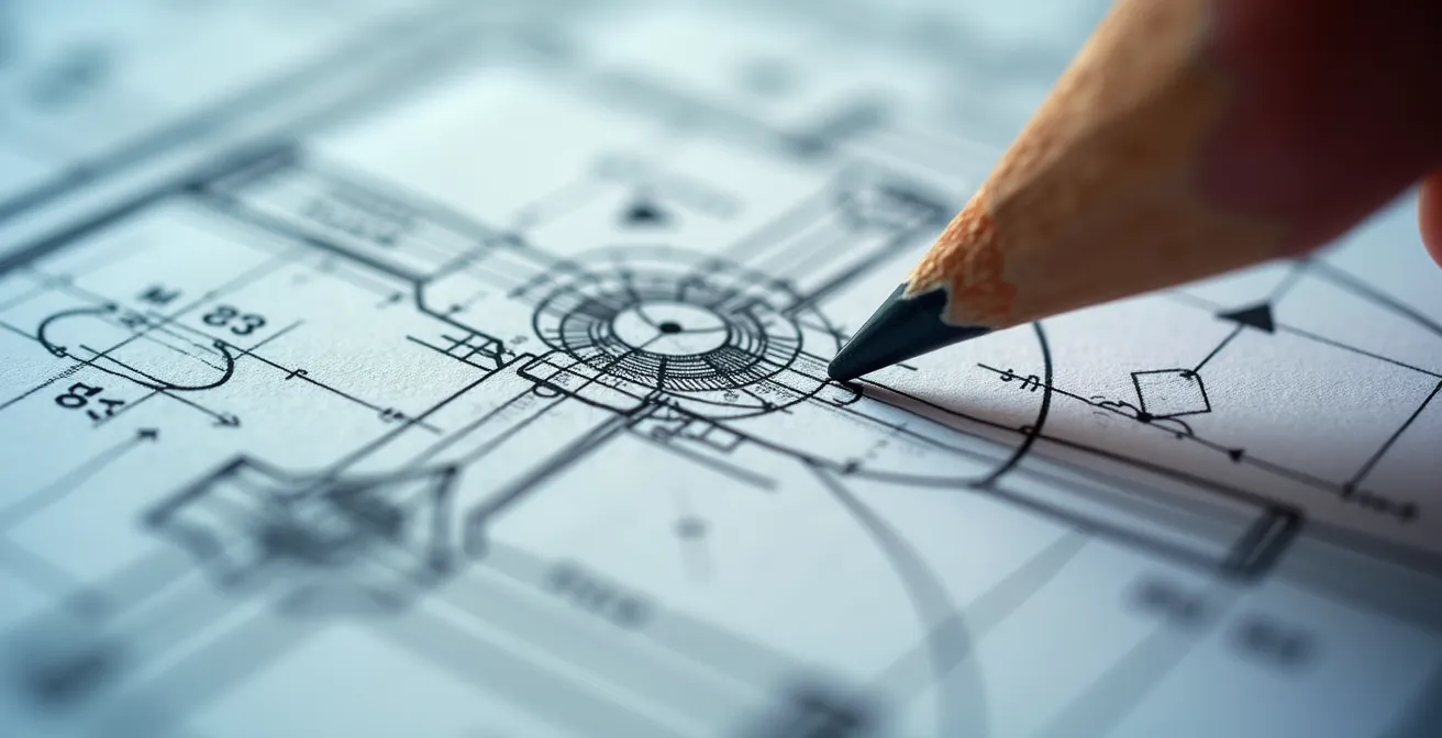 Vue macro de plans techniques avec symboles de soudure pour assemblage bois-métal