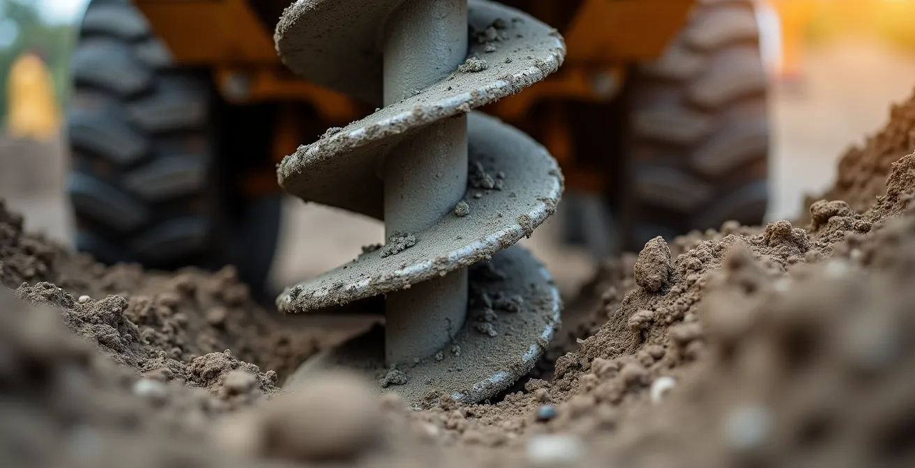 Gros plan sur une tarière creuse en action lors du forage d'un pieu avec injection simultanée de béton