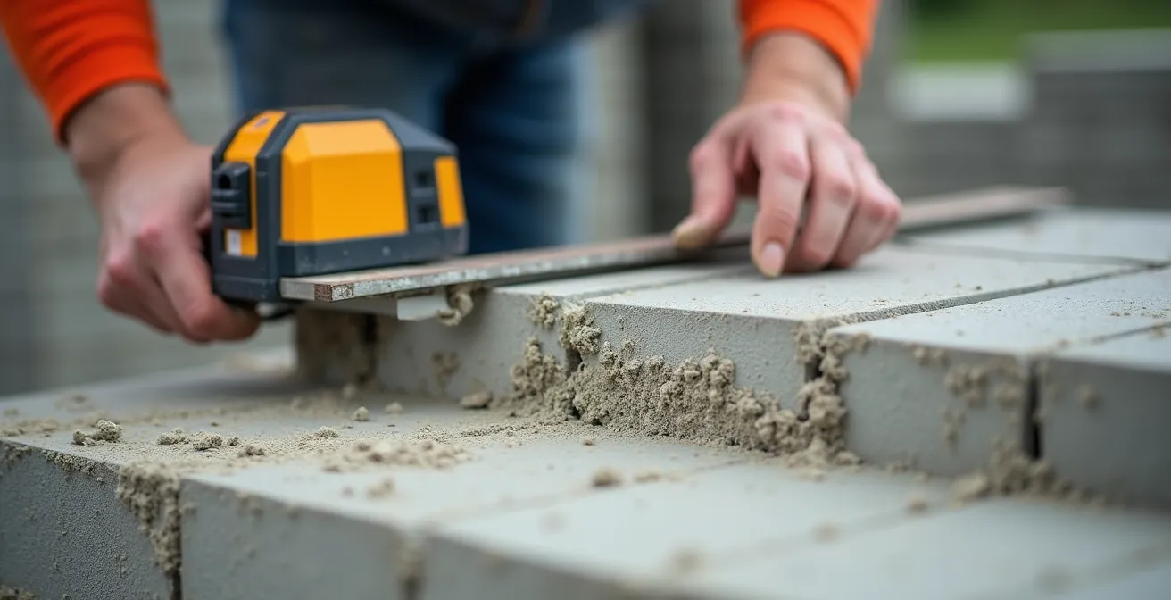 Mise en place d'une arase parfaite avec platines de réglage et niveau laser sur chantier
