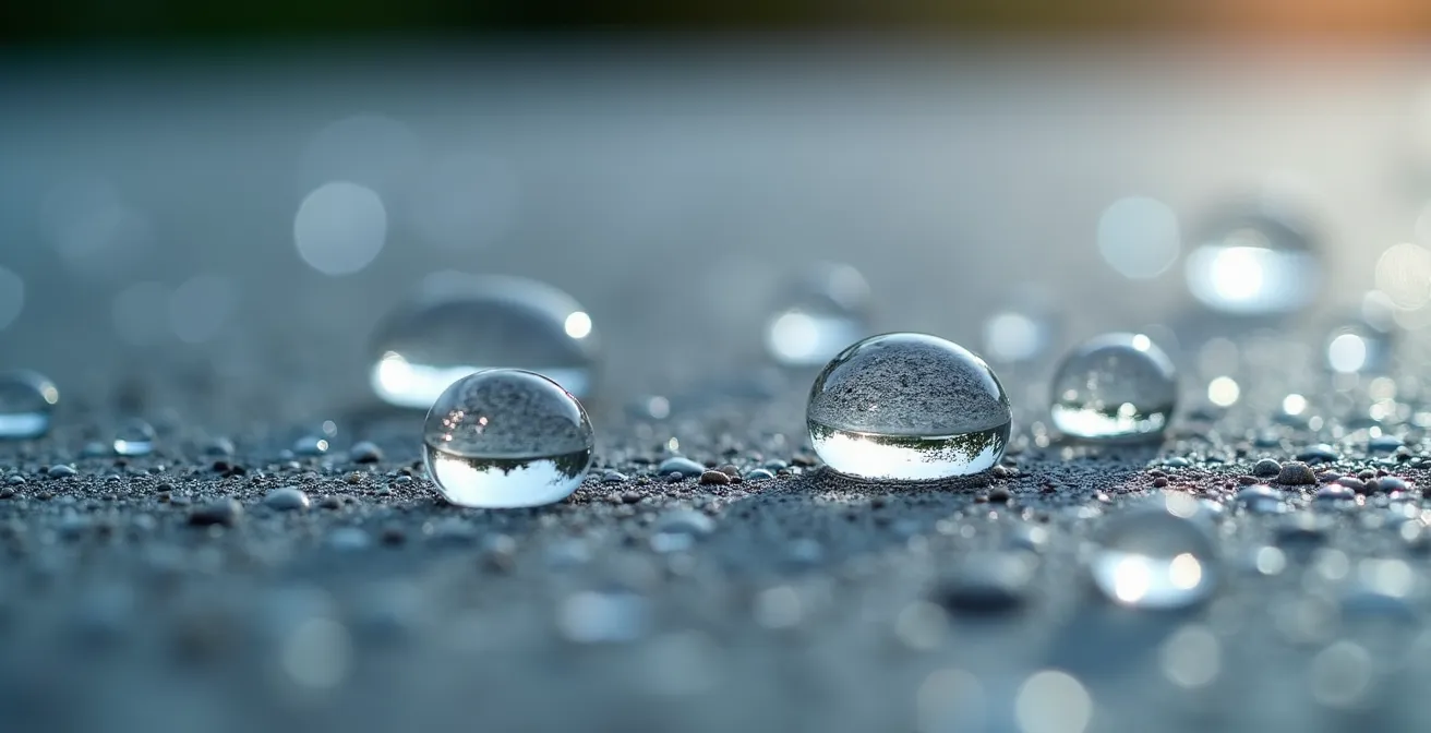 Test de porosité sur dalle béton avec gouttes d'eau perlant sur surface traitée