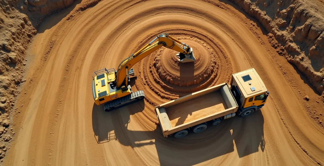 Vue aérienne d'un chantier montrant le positionnement optimal en triangle d'une pelle hydraulique, d'un tas de matériaux et d'un camion-benne