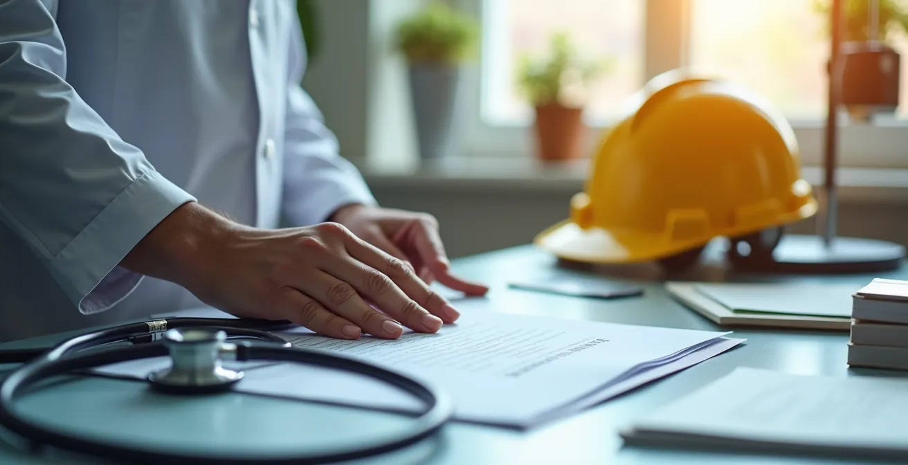 Médecin du travail examinant un dossier médical dans son cabinet avec équipements médicaux en arrière-plan