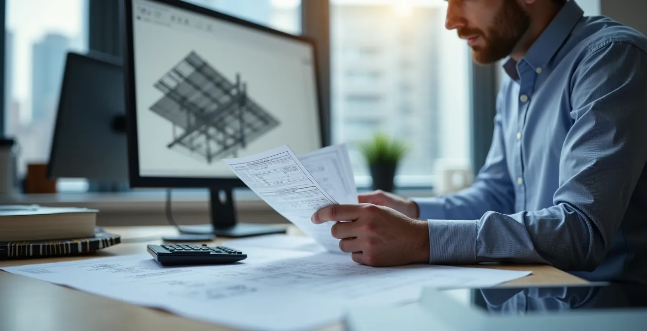 Bureau d'études avec ingénieur analysant des plans de structure et modélisation 3D floue en arrière-plan