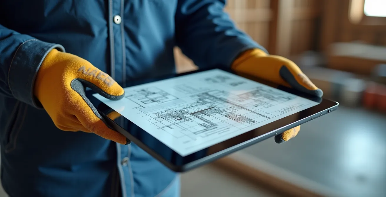 Chef de chantier consultant des plans sur tablette numérique synchronisée