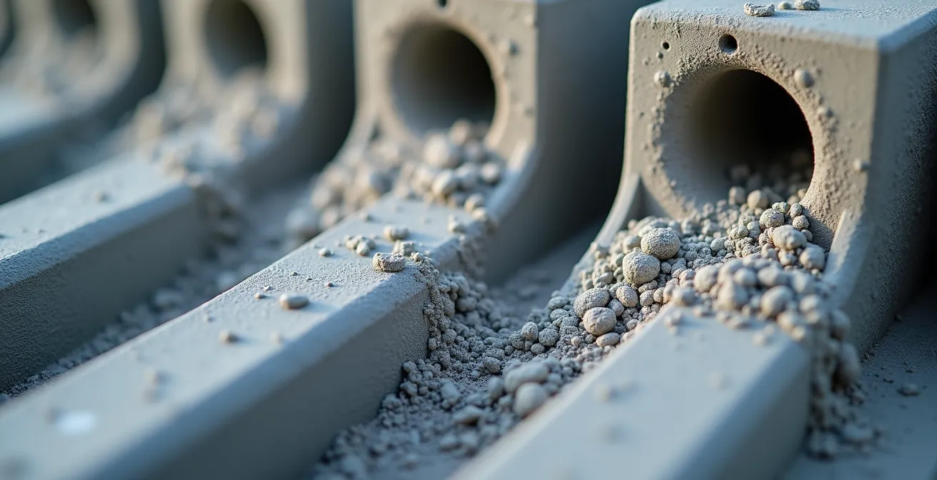 Détail macro montrant la texture du béton frais autour des gaines de précontrainte pendant la vibration